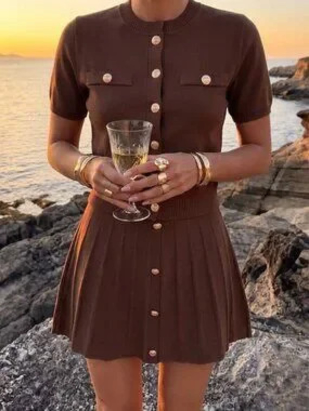 ZARA Dark Brown Casual Women's Y2K Sweater Knit Two-Piece Pleated Skirt Set